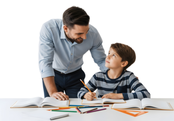 Father helping son with homework, fatherhood and education