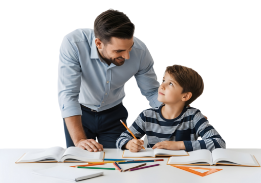 Father helping son with homework, fatherhood and education