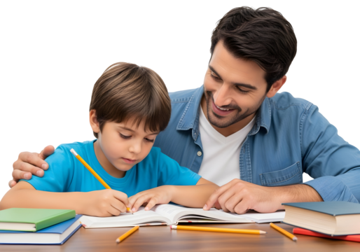 Father teaching his son while doing homework, education and learning concept