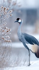 Obraz premium Closeup of Grey Crowned Crane in Snowy Winter Habitat