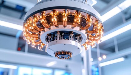 Advanced quantum processor core in futuristic lab glowing with copper coils symbolizing cutting edge technology artificial intelligence and the future of computing