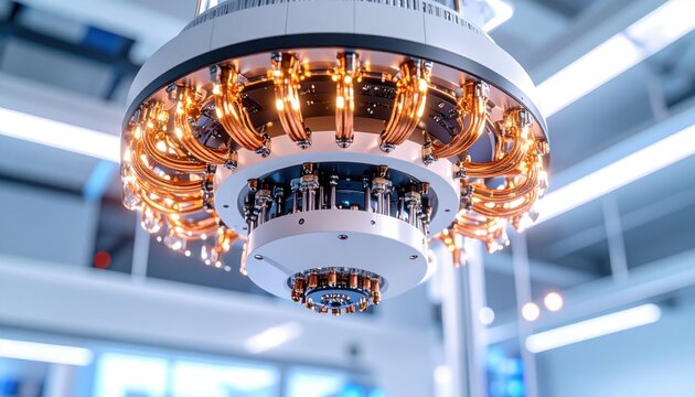 Advanced quantum processor core in futuristic lab glowing with copper coils symbolizing cutting edge technology artificial intelligence and the future of computing