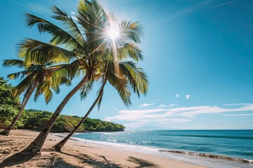 Tropical beach paradise with palm trees and sunshine shining over the ocean