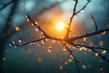 Dew drops on bare tree branches with golden bokeh water droplets