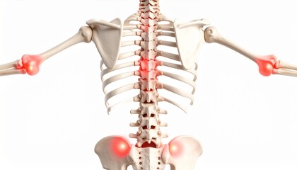Detailed medical 3D rendering of human spine with multiple glowing red pain points, isolated on white background, ideal for healthcare ads and pain relief product marketing.