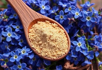 A rustic wooden spoon holds chicory root powder, nestled amongst vibrant blue blossoms,  still life,  close-up