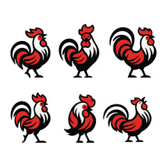 Collection of Red and Black Rooster Chicken Illustrations Vector