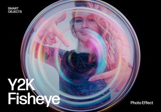 Y2K Fisheye Photo Effect with Retro Lens Distortion and Neon Glow