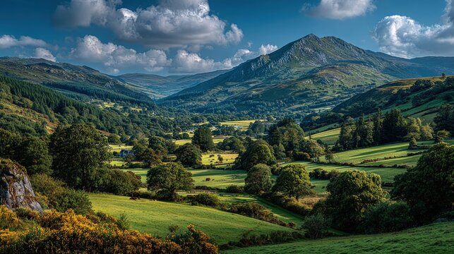 Verdant valley landscape, lush green fields, majestic mountains under a vibrant blue sky with fluffy clouds