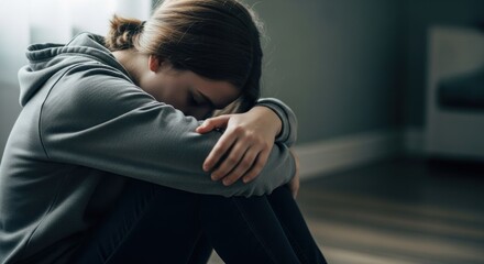 Sad teenage girl sitting on floor, home environment, despair