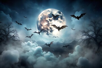 Bats flying in the night with full moon and spooky atmosphere