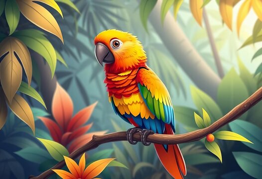 Vibrant parrot on lush tropical branch, whimsical cartoon style, design, red