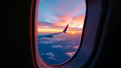 Sunrise Flight View: Witness a breathtaking sunrise from an airplane window, the wing cutting through the vibrant colors of dawn, promising adventure and travel.  - Powered by Adobe