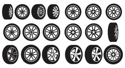 A collection of various car wheels and tires in black and white