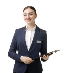 Hostess in uniform with clipboard on white background