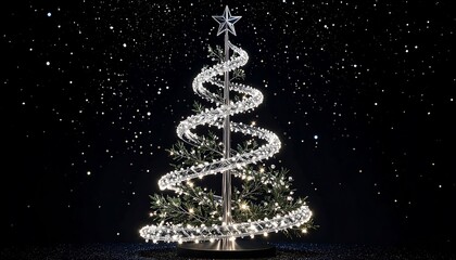 Holiday Tree Decoration with Lights and Star on Black