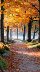 Obraz premium Scenic autumn forest path with golden and orange leaves, morning sunlight streaming through the trees, creating a cozy and peaceful atmosphere in nature.