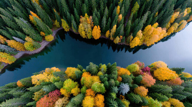 Aerial view of a winding river surrounded by autumn forest and mountains. Golden foliage, turquoise water, and rolling hills create a stunning, peaceful landscape.