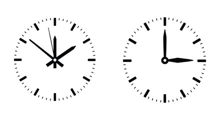 Two analog clock faces with different times on white background