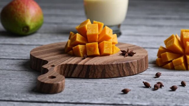 Close-up on cut mango pieces, cardamom seeds, and glass of mango lassi on wooden board