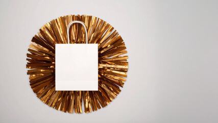 A clean white paper shopping bag is positioned in the center of a circular frame made of shimmering gold tinsel or strips of foil. The composition is set against a simple gray background, with ample