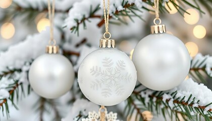Elegant white glass ball ornaments with delicate snowflake detailing on a snowy pine bough,  pine,  ornament