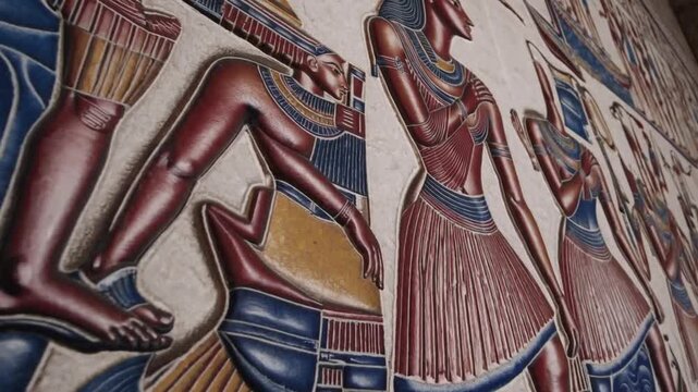 Vibrantly colored ancient stone relief carvings depicting the historic expedition to the Land of Punt located within the Mortuary Temple of Hatshepsut