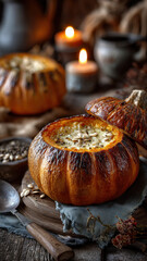 Baked pumpkin stuffed with creamy filling and cheese on a wooden board in a cozy autumn setting with soft candlelight. Perfect for fall dinner, hygge vibe, and seasonal comfort.