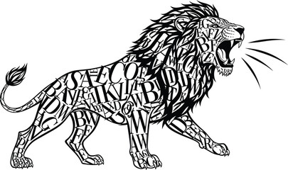 Roaring lion illustration with letters forming the animal shape