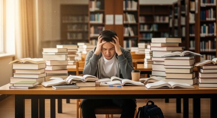 Asian Student studying intensely in a library surrounded by books, with sunlight streaming through windows