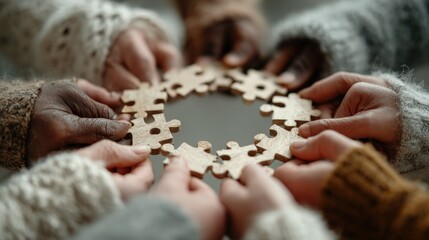 Diverse hands joining puzzle pieces, symbolizing unity, teamwork, and collaboration