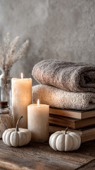 Cozy autumn decor with lit candles, soft blankets, books, and small white pumpkins. Warm and relaxing hygge atmosphere in a minimalist Scandinavian style, perfect for fall inspiration.