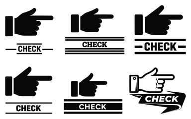Check mark concept with pointing finger hand signs, black and white vector illustration, approval and selection design, verification and choice symbols