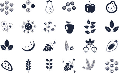 Illustration showing a variety of plant life including fruits leaves and floral arrangements in black and white | editable eps vectors silhouette