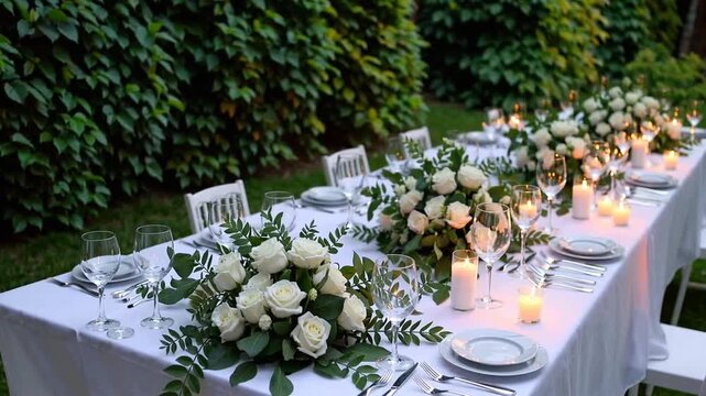 elaborately set table prepared for evening meal during formal matrimonial celebration reception