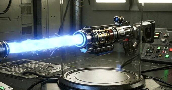 Futuristic energy weapon displayed in a tech lab setting