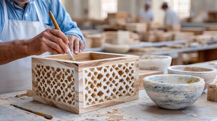Craftsman Carving Intricate Patterns on Wooden Box in Workshop