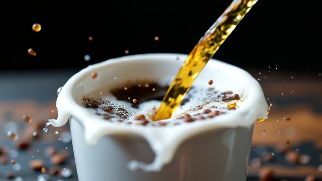 Coffee Pouring: A dynamic moment captured as a stream of rich, dark coffee cascades into a ceramic cup, creating a splash and inviting the viewer to savor the moment.