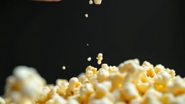 Golden Popcorn Cascade: A close-up, appetizing shot of popcorn spilling, with fluffy kernels in mid-air and a dark background to enhance the appetizing scene
