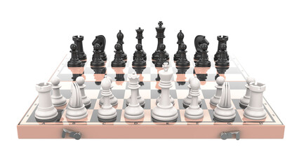 Chess pieces on the board in the starting position. Isolated. Transparent background. 3D Rendering.