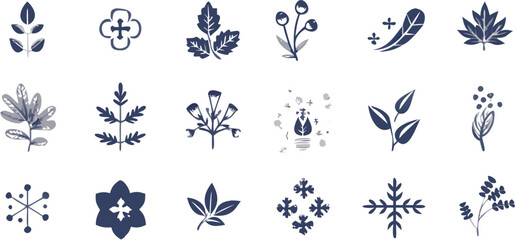 Collection of botanical illustrations featuring leaves, flowers and berry sprigs in a simple style | editable eps vectors silhouette