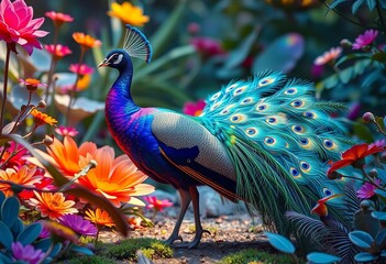Fototapeta premium Holographic peacock with iridescent feathers, strutting in a fantastical garden of surreal flora, elegance, colorful