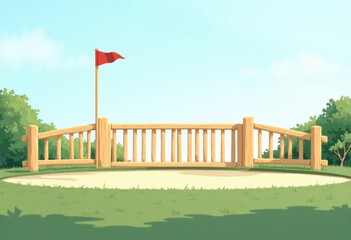 Wooden obstacle fence and post at a mini-golf course with a red flag