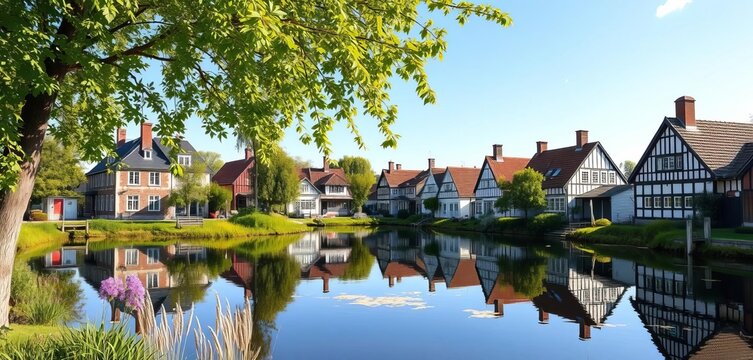 Idyllic Nordby Samsoe village pond, half-timbered houses reflecting in calm water,  Jutland,   autumn