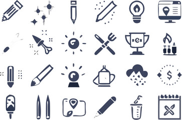 Illustration of various icons including writing utensils, weather, and dining elements displayed | editable eps vectors silhouette