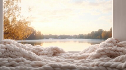 Cozy knit blanket overlooking serene autumn lake at sunrise through open window