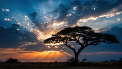 Fototapeta premium Dramatic sunrise over African savanna with acacia tree
