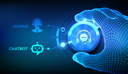 Customer support choice concept. Human agent vs chatbot. Human support versus AI automation. Wireframe hand turning a knob to switch from Human agent to Chatbot customer support. Vector illustration.