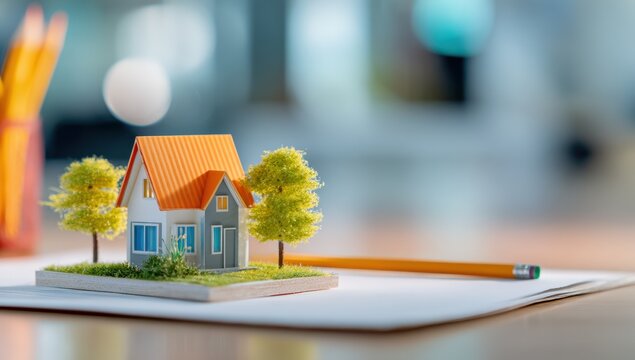 Miniature house model on a sheet of paper