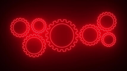 Glowing neon Red gear , wheels moving or flying to each other. Symbol of productivity. Icon of quick cooperation.gears and cogs icon animation .